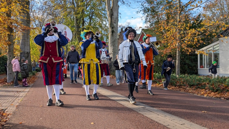 Een groep mensen in traditionele bontgekleurde kostuums speelt muziek op een zonnige herfstdag, omringd door bomen met gele en oranje bladeren en toeschouwers langs de weg.