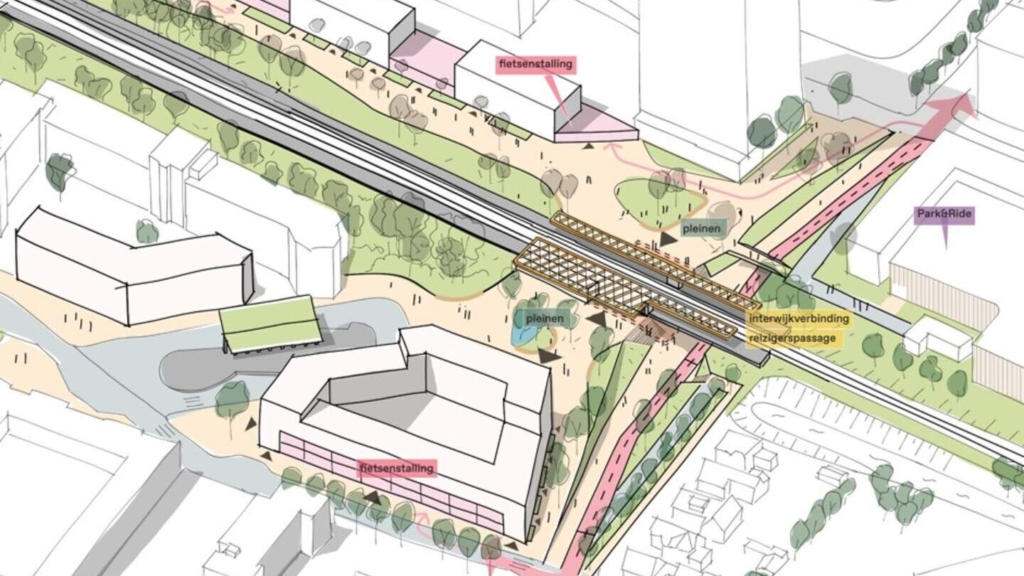 Illustratie van een stedelijke omgeving met een treinspoor, omliggende fietspaden, pleinen, bushaltes en fietsparkeerplekken.