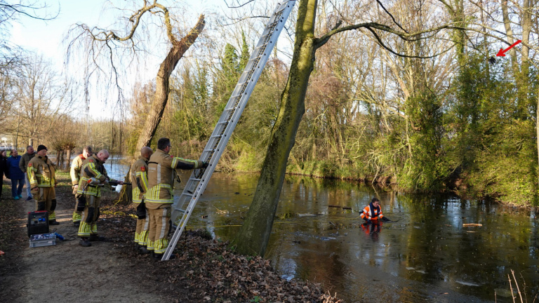 Brandweerlieden zetten een ladder op langs een bevroren vijver, terwijl een persoon in een oranje pak op het ijs staat.