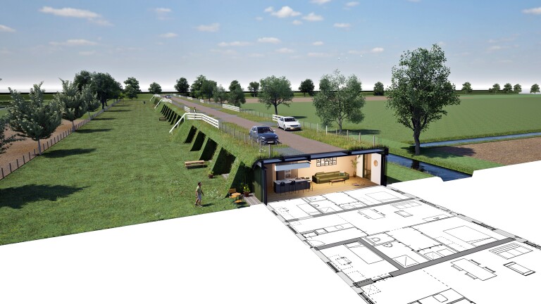 Doorsnede van een landschap met een weg met auto's boven een ondergronds gebouw, zichtbaar via een open snede en plattegrond.