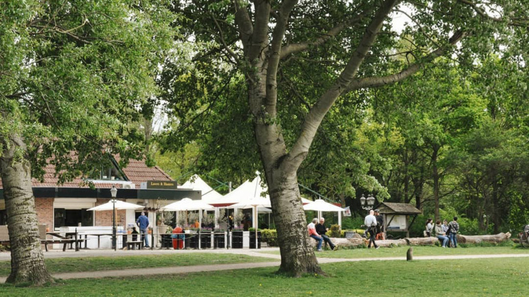 Mensen zitten bij een café met zitplaatsen buiten, omgeven door groene bomen in een parkachtige omgeving.