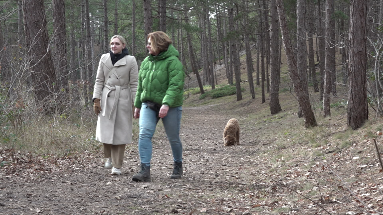 Twee vrouwen wandelen in een bos, vergezeld door een hond die voor hen op het pad loopt.