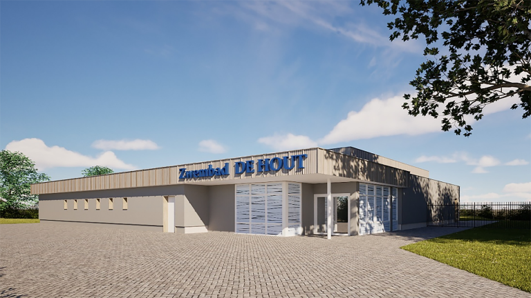 Een modern gebouw met de tekst "Zwembad DE HOUT" erop, omgeven door bomen en een betegelde voorgrond.
