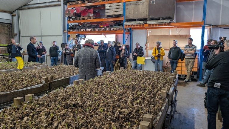Groep mensen luistert naar een spreker in een loods met tafels vol plantenwortels.