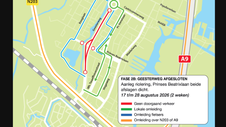 Kaart met omleidingen bij afsluiting Geesterweg (fase 2B) 17 t/m 28 augustus 2026, met routes voor auto en fiets