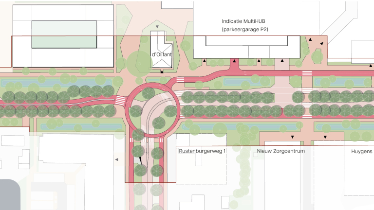 Ontwerptekening van een stratenplan met een rotonde, wegen, groene zones en gebouwen, waaronder een MultiHUB parkeergarage.