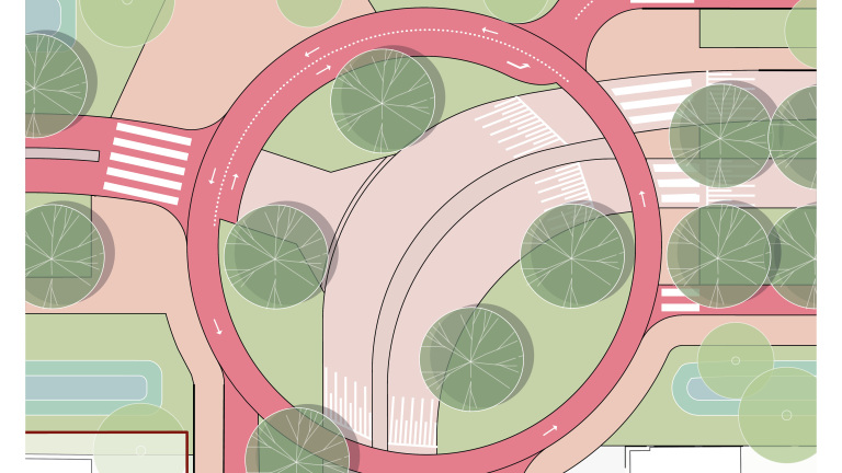 Illustratie van een rotonde met fietspaden en zebrapaden, omringd door groene gebieden en bomen.