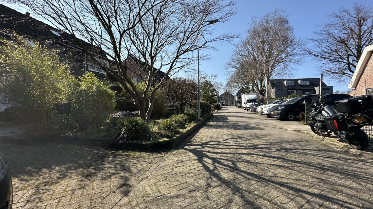 Straat in woonwijk met geparkeerde auto's en motorfietsen, omgeven door bomen en hagen, op een zonnige dag.