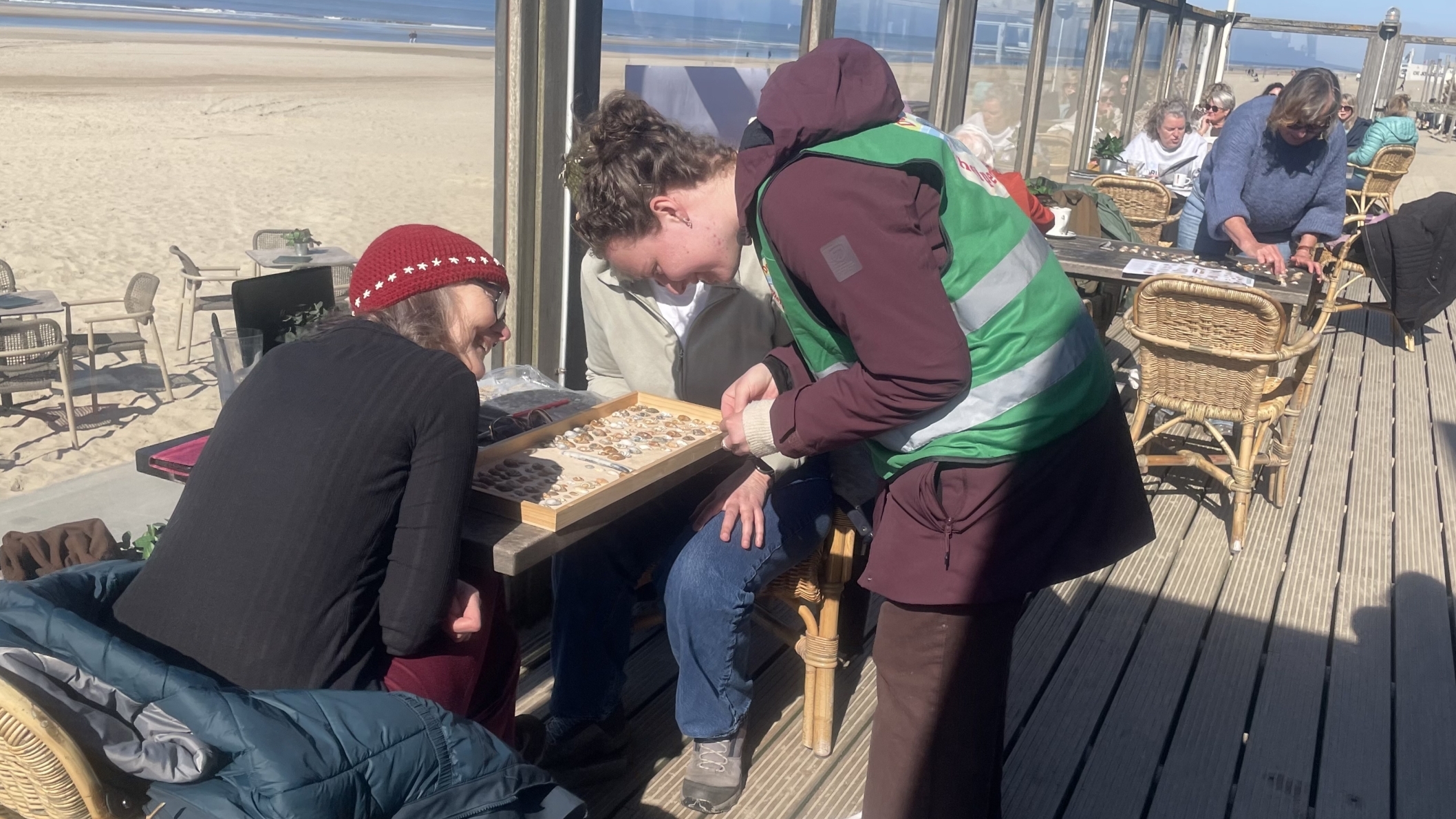 Mensen bespreken schelpen aan een tafel in een strandpaviljoen met uitzicht op een zonnig strand.