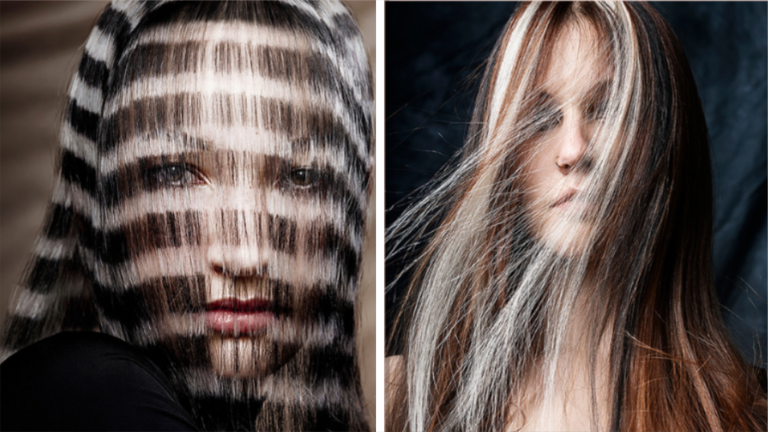 Twee close-ups van vrouwen met lang haar over hun gezicht, links met zwart-witte strepen en rechts met bruin en blonde tinten.