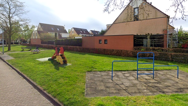 Kleine speeltuin met wip en klimrek op een grasveld naast huizen in een woonwijk.