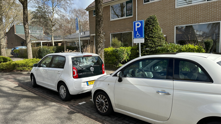 Twee auto's geparkeerd bij een gehandicaptenparkeerplaats voor een bakstenen huis met groene struiken.
