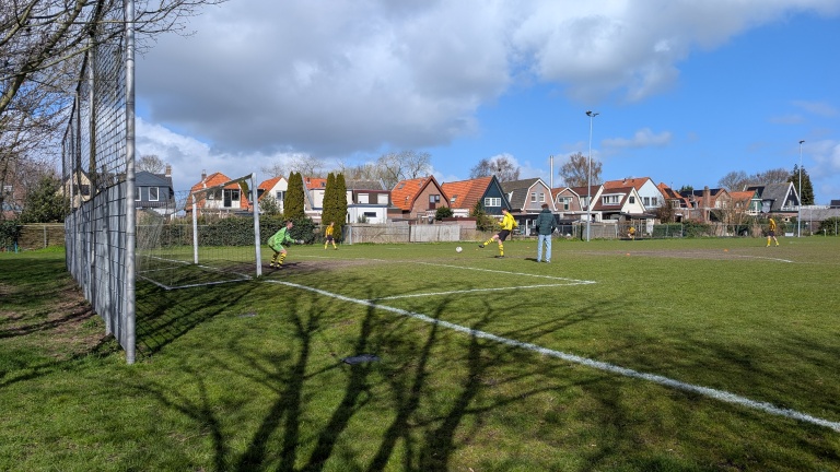 Voetballer in geel-zwart tenue schiet op doel op een grasveld, met huizen en een blauwe lucht op de achtergrond.