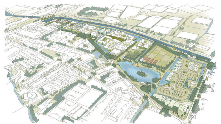 Illustratie van een buitenwijk met woonhuizen, groene gebieden, een waterpartij en recreatiegebieden omringd door wegen.
