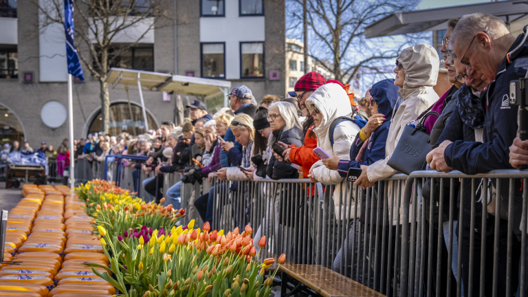 Mensen staan achter een hek en kijken naar rijen kazen en kleurrijke tulpen op een plein bij zonnig weer.