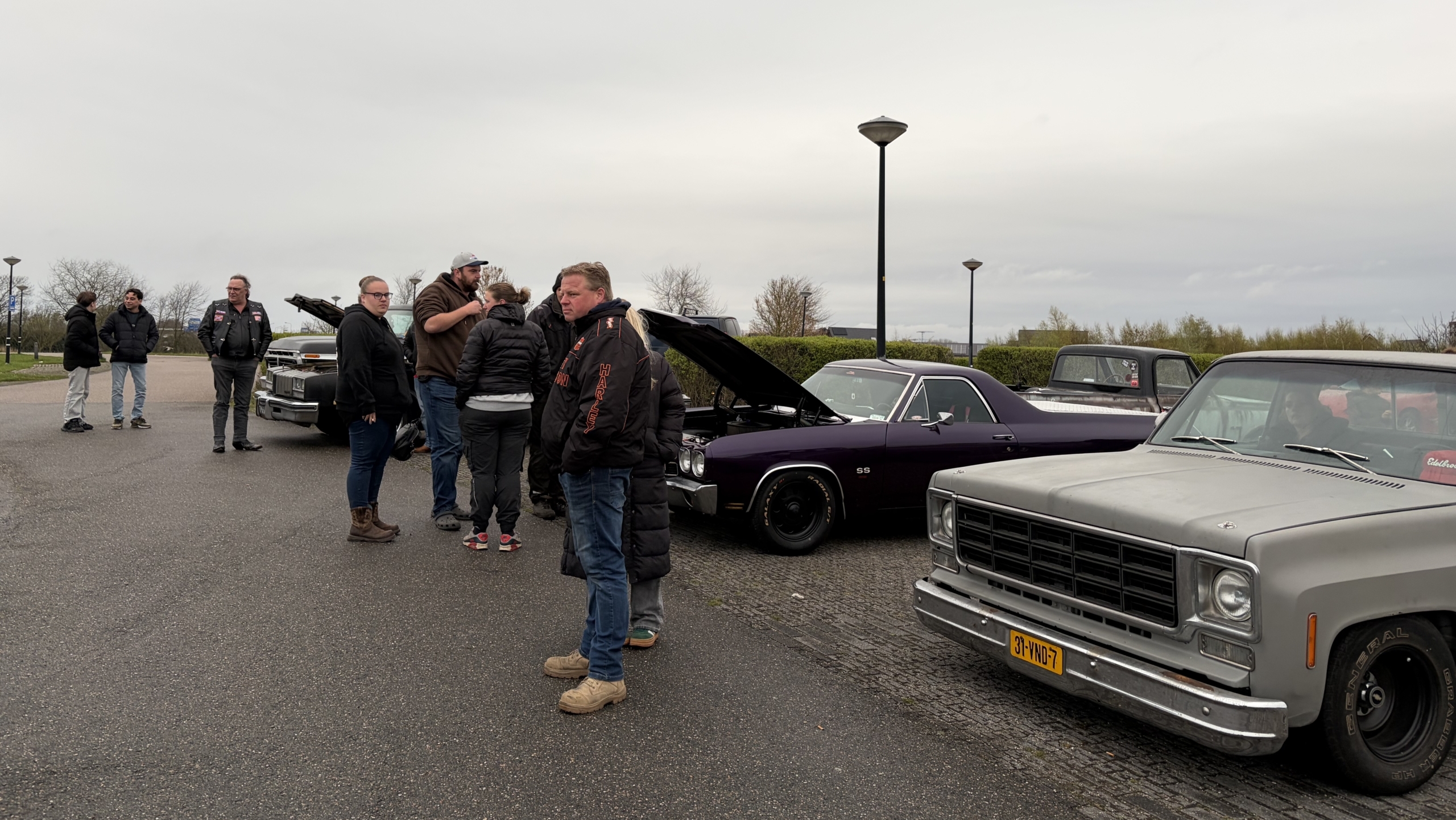 Mensen staan bij geparkeerde klassieke auto's op een parkeerplaats, waaronder een grijze en een paarse auto met open motorkap.