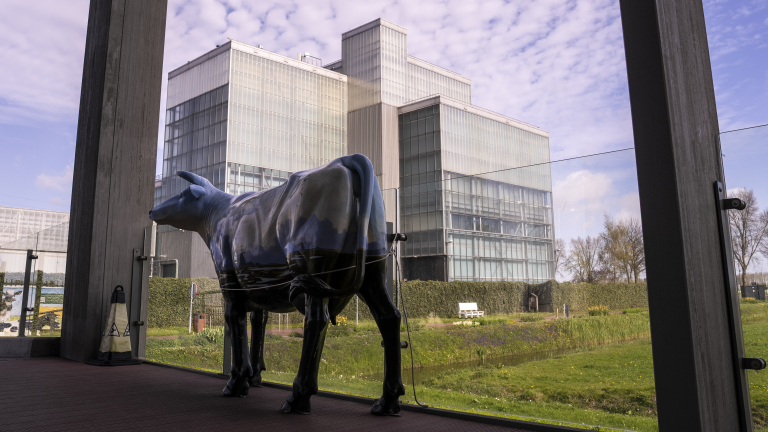 Standbeeld van een koe met een geschilderd landschap, geplaatst op een terras met een groot modern gebouw en grasveld op de achtergrond.
