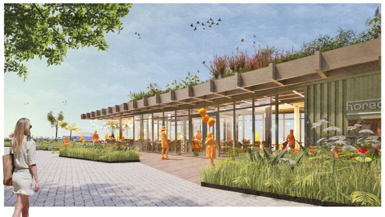 Een vrouw loopt naar een modern paviljoen met veel glas, omgeven door groene en bloeiende planten; er vliegen vogels in de lucht.
