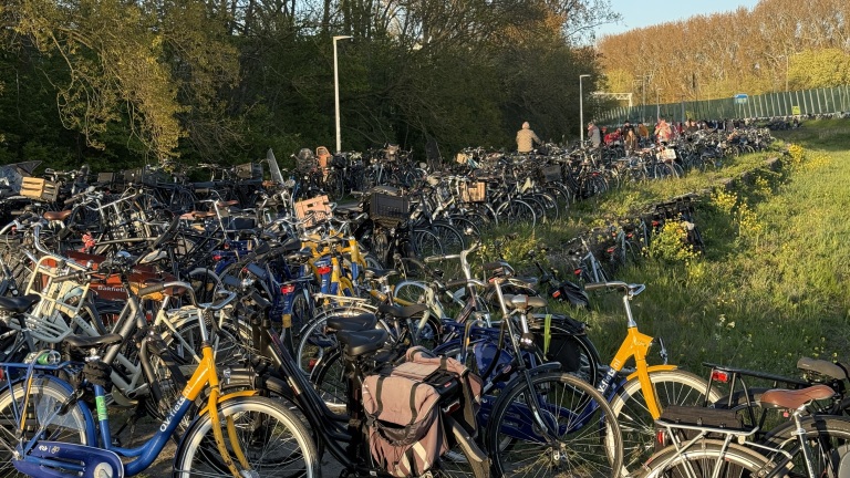 Een drukke fietsenstalling vol met diverse fietsen langs een groen grasveld, in de schemering.