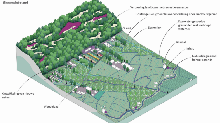 Illustratie van een binnenduinrand met bossen, landbouwgebieden, wandelpaden en andere natuurlijke elementen, voorzien van labels zoals "N-weg" en "Gemaa"!".