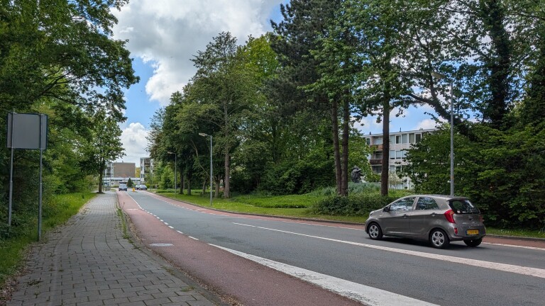 Een rustige straat met bomen langs de stoep en een geparkeerde auto, met appartementen op de achtergrond.