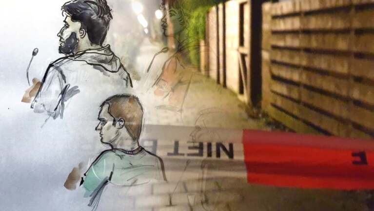 Schetsen van drie mannen zijn over elkaar geplaatst boven een foto van een afgezet steegje met rood politiekot.