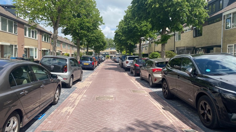 Een rustige woonstraat met bomen langs de zijkanten en auto's geparkeerd aan beide kanten van de weg.