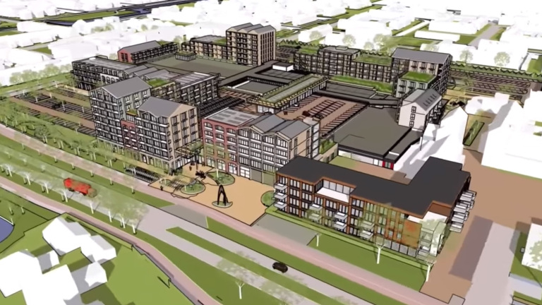 Architectonische 3D-tekening van een stedelijk gebied met moderne gebouwen, parkeerplaatsen en groene ruimtes.