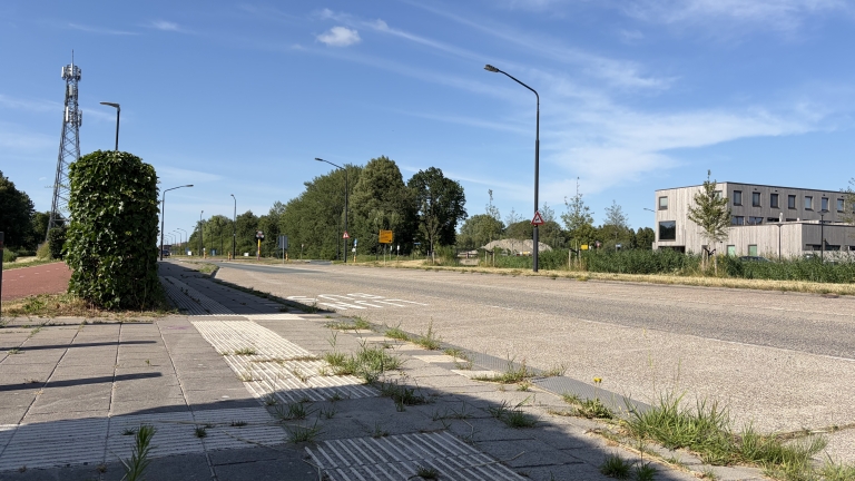 Rustige weg met fietspad, lantaarnpalen en een groen begroeide paal, met kantoorgebouw en zendmast op de achtergrond