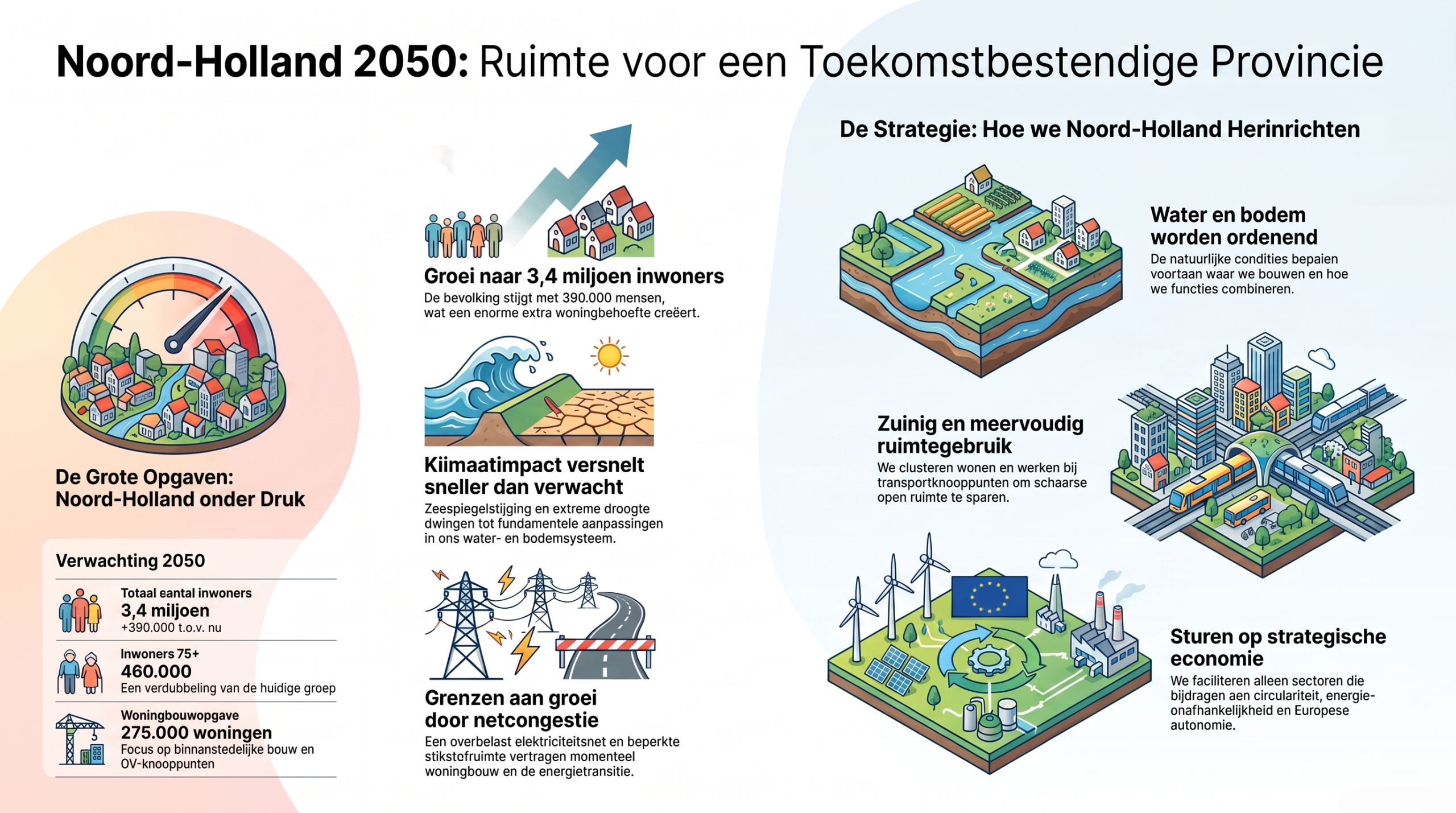 Infographic Noord-Holland 2050 met druk door groei en klimaat, en strategieën voor water/bodem, compact bouwen en economie