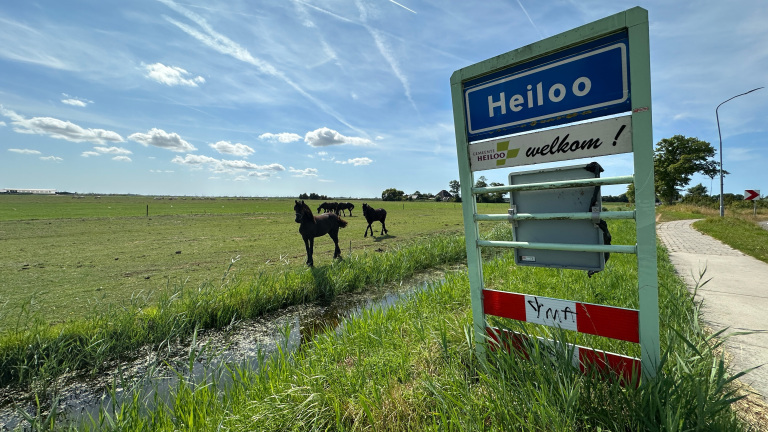 Plaatsnaambord Heiloo met “welkom!” langs een weg, met paarden in een groen weiland onder blauwe lucht