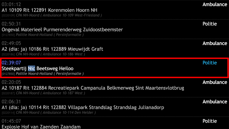 Lijst met meldingen van hulpdiensten; rood gemarkeerd item: 02:39 Steekpartij, Beetsweg Heiloo (Politie)