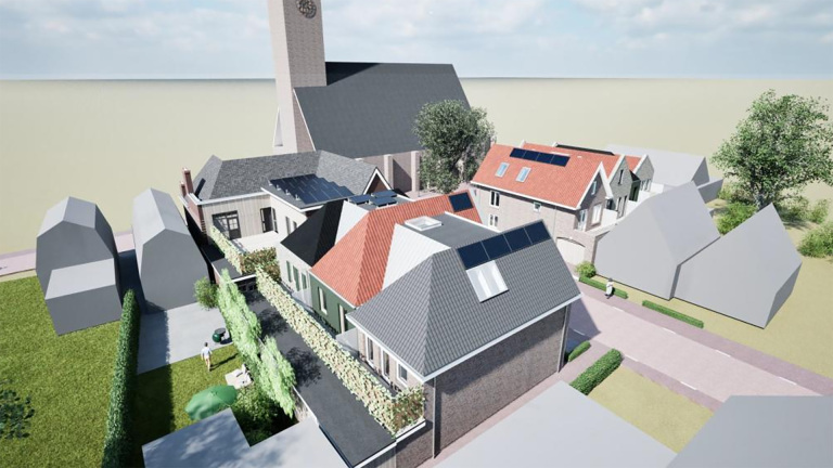 3D-visualisatie van woningen rond een kerk, met daken met zonnepanelen en een binnentuin met groen