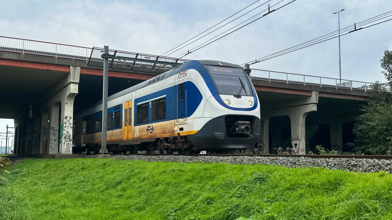 Blauw-witte NS-trein op het spoor onder een viaduct, met bovenleiding en groen gras op de voorgrond