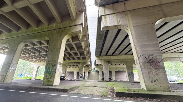 Onderkant van een betonnen viaduct met grote pijlers en graffiti, gezien vanaf de weg met groen op de achtergrond