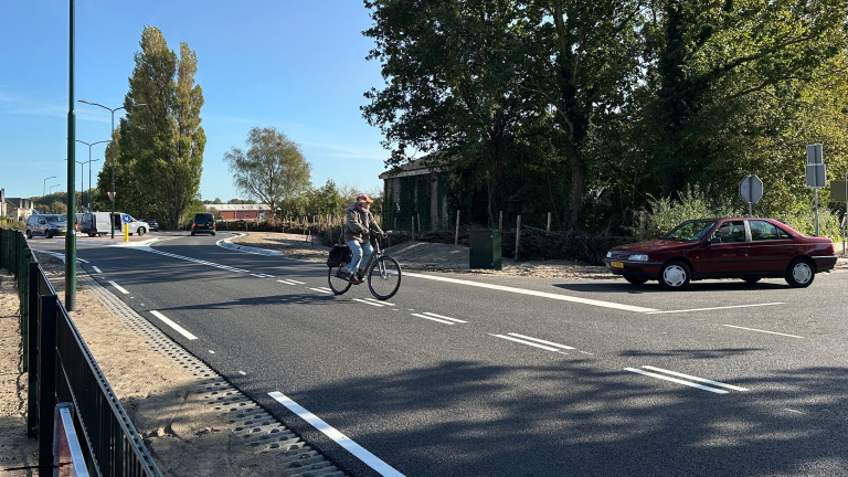 Fietser steekt een bochtige weg over bij een kruispunt, met auto’s en hoge bomen langs de weg