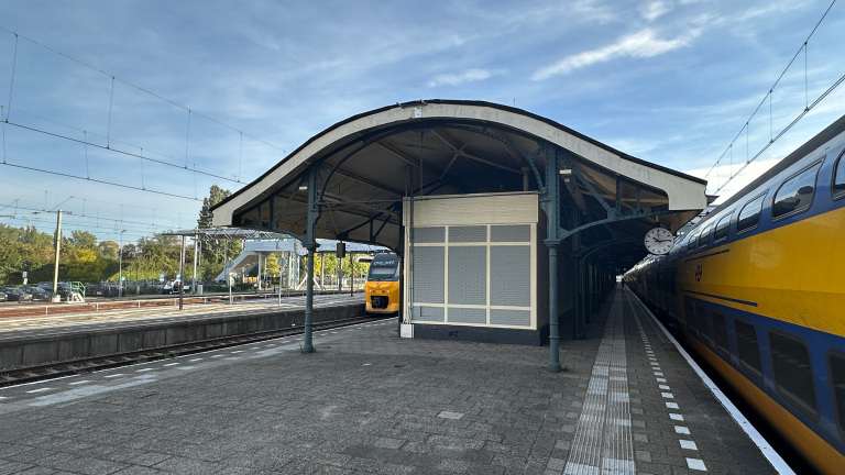 Overkapt treinstation met perrons, bovenleidingen en twee geel-blauwe NS-treinen, met klok aan de kap