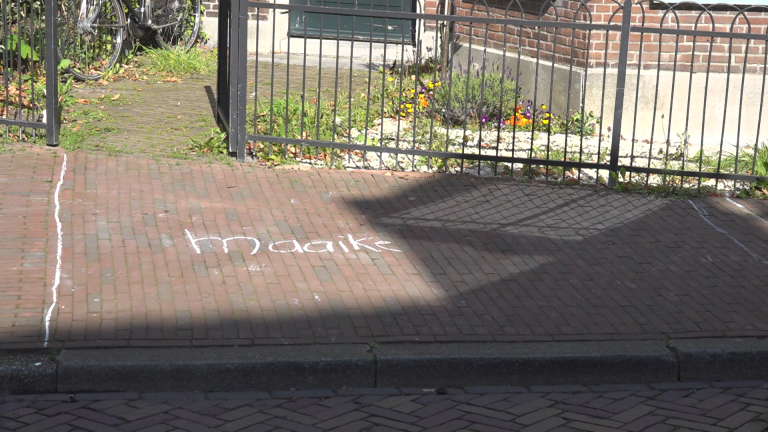De stoep heeft krijttekst met de naam "Naaike" naast een smeedijzeren hek en bloembed met kleurrijke bloemen.