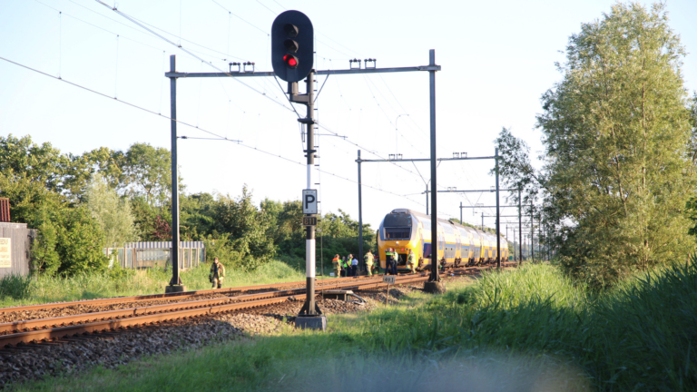 Een gele en blauwe trein stopt voor een rood seinlicht op het spoor, met mensen in veiligheidskleding rond de trein en omringd door groen landschap.