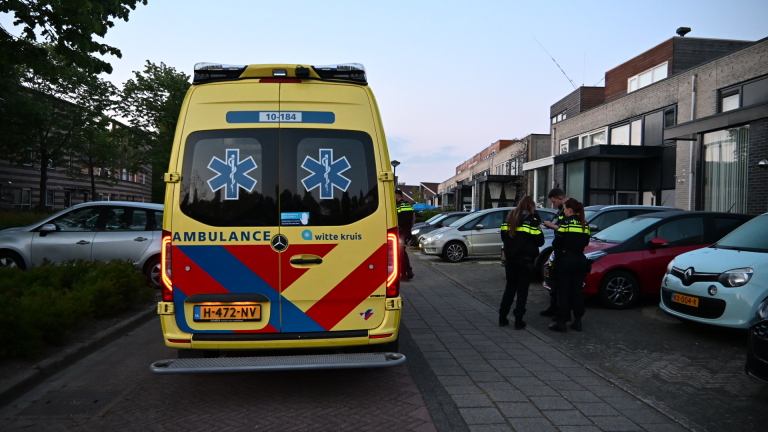 Twee politieauto's geparkeerd in een woonwijk bij moderne huizen, met straatnaamborden op de achtergrond.