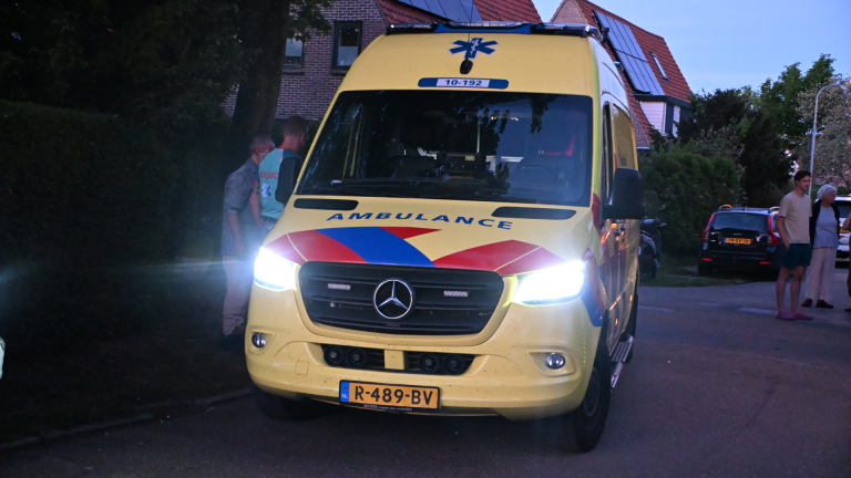 Een ambulance en politieagenten staan geparkeerd naast een boom op een straat verlicht door een lantaarn.