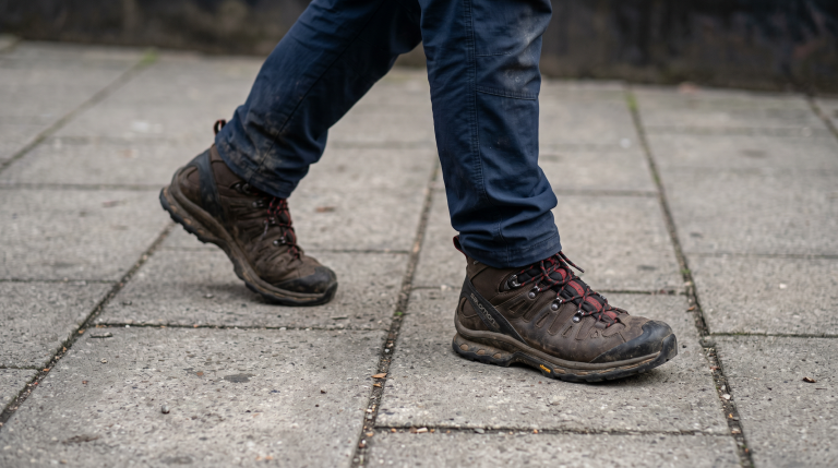 Een persoon loopt over een trottoir, dragend bruine wandelschoenen en donkerblauwe broek.