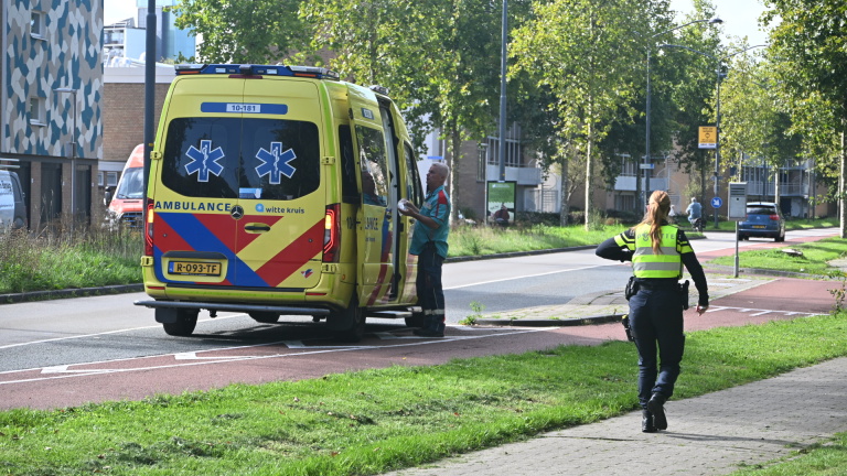 Politieagenten spreken met omstanders naast een geparkeerde vrachtwagen en politieauto op een fietspad langs de weg