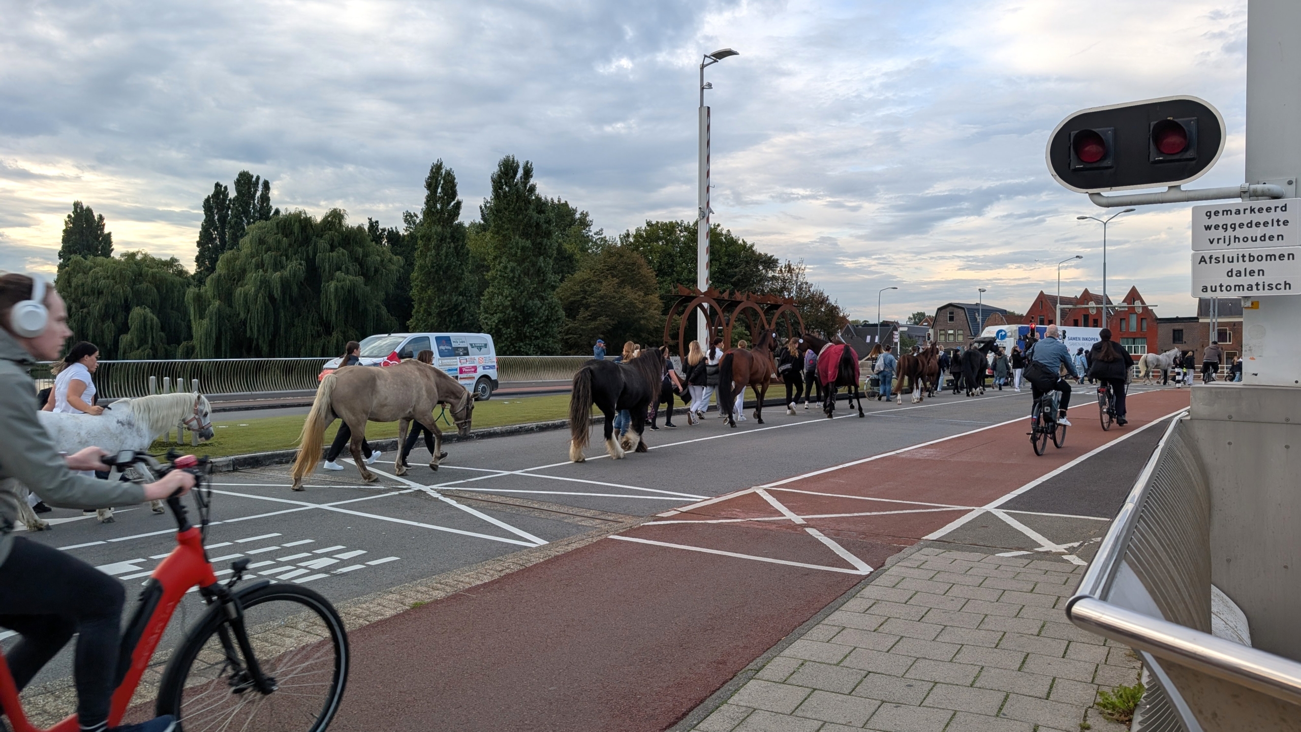 Fietsers op een tandem passeren een groep wandelaars die paarden over een kruispunt leidt, met huizen op de achtergrond