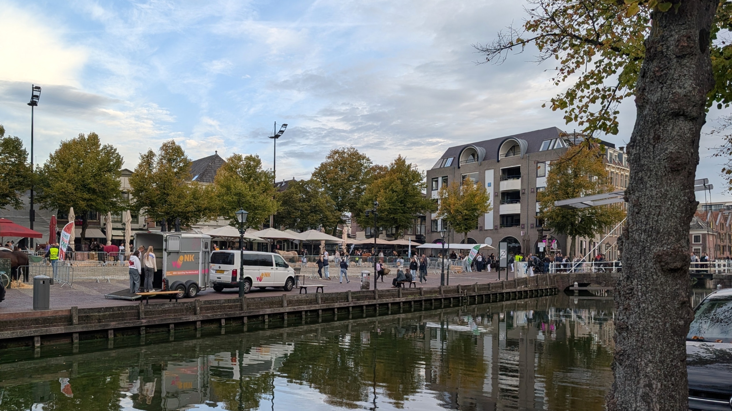 Fietsers op een tandem passeren een groep wandelaars die paarden over een kruispunt leidt, met huizen op de achtergrond