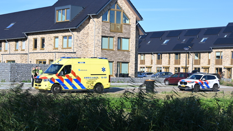Twee politieagenten in gele hesjes controleren gegevens op een telefoon terwijl een man met rugzak ernaast staat