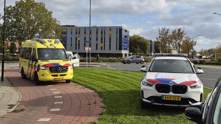 Gele ambulance van Witte Kruis geparkeerd bij een zebrapad langs een weg met bomen en auto’s