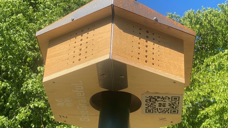 Een houten bijenhotel met boorgaten en een metalen dak, bevestigd op een paal, tegen een achtergrond van groene bladeren en blauwe lucht.
