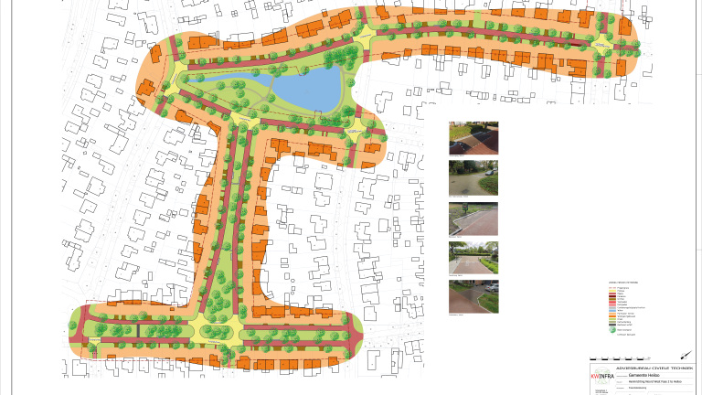 Plattegrond van een herinrichtingsproject met straten, parkeerplaatsen, voetpaden, fietspaden en groenzones, inclusief een vijver en omliggende woningen.