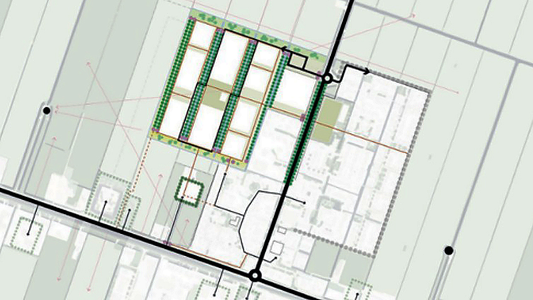 Bouwtekening met plattegrond en drie groen gemarkeerde rechthoekige secties bovenin, verbonden met zwarte leidingen